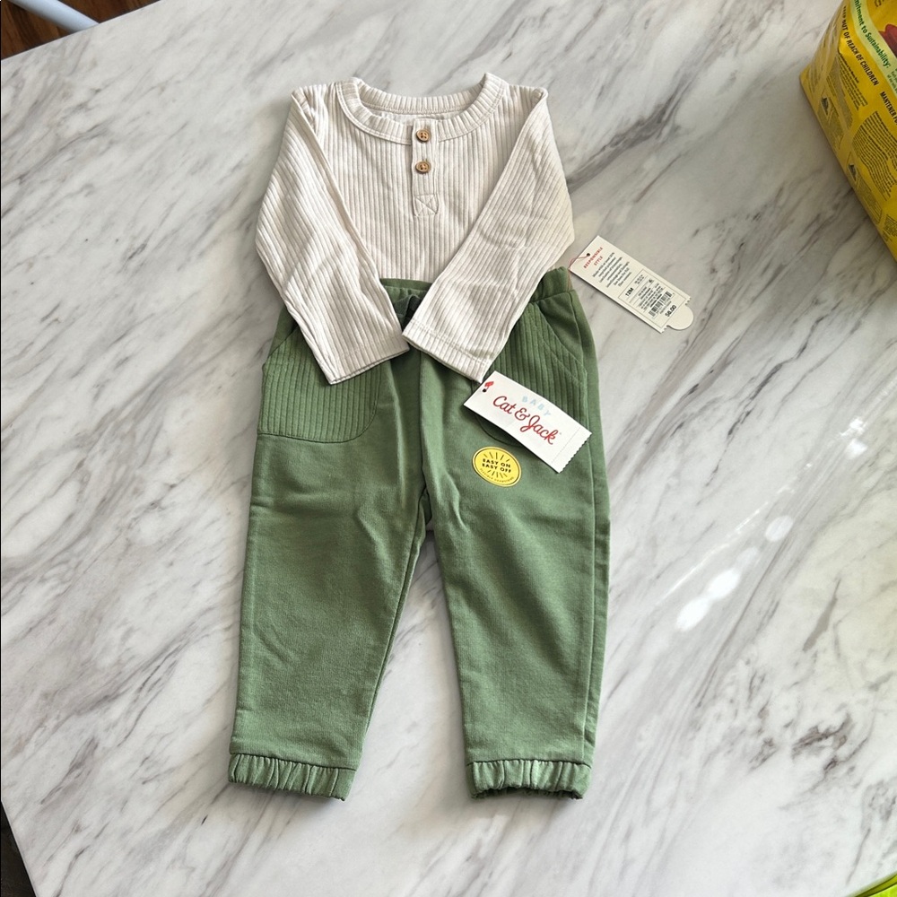 Cat & Jack Cream Top and Green Pants Set